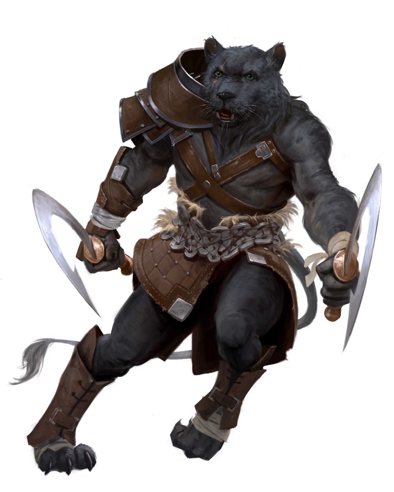 A black-furred catfolk in leather armor wields a curved blade in each hand. He leaps forward as if to slash with both weapons at once.]