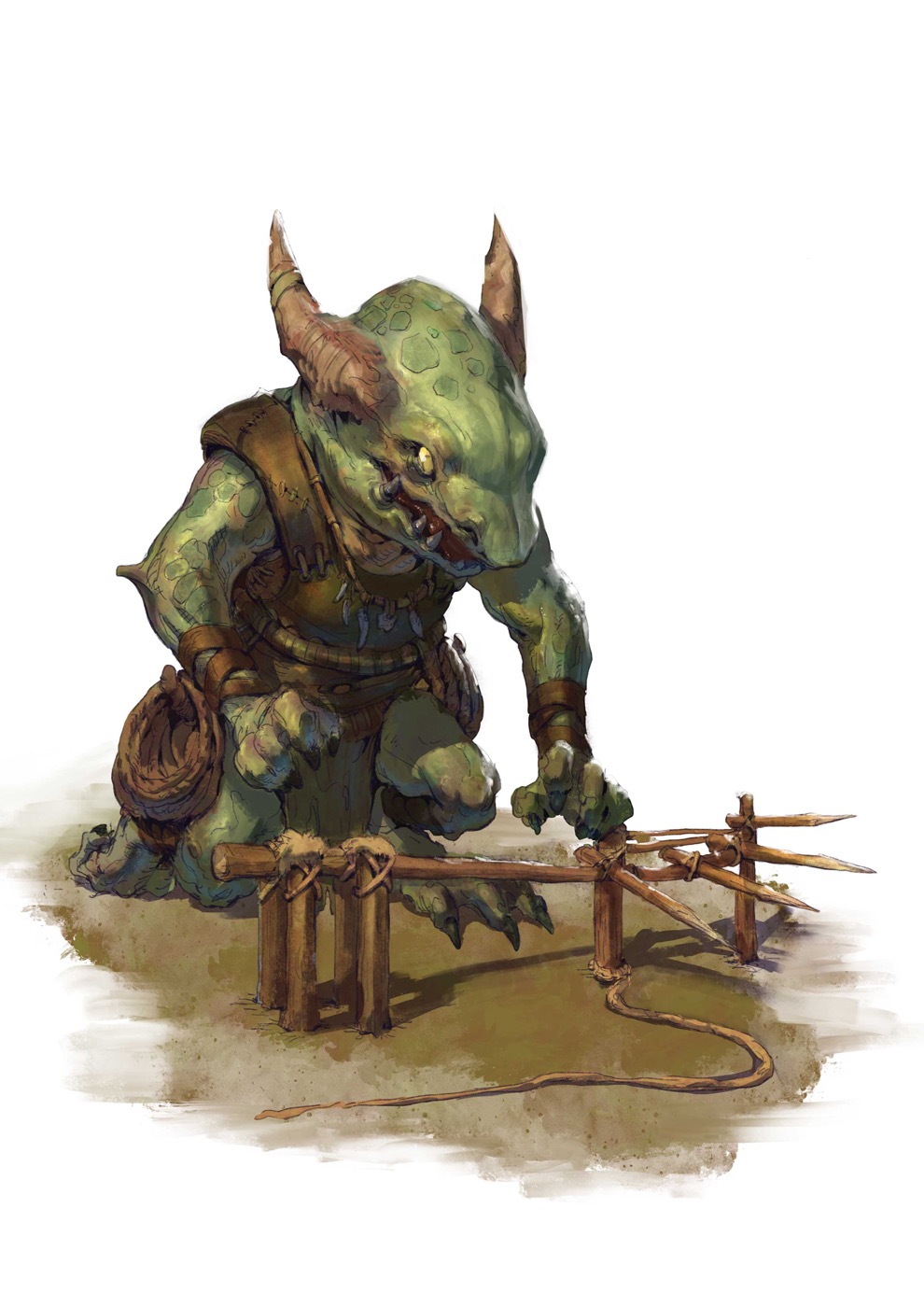 A green-scaled kobold leans over a trap she’s crafting out of wooden spikes and bent tree branches.