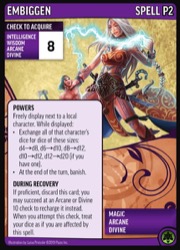 The Embiggen promo card, featuring an illustration of Seoni, the iconic sorcerer at double her height, to demonstrate the spell Embiggen.