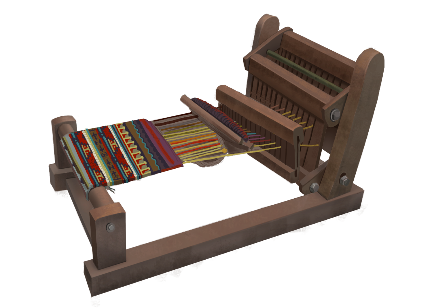 A wooden loom holds a partly-knitted colorful blanket in its arms, the strings from the blanket still pulled tight.