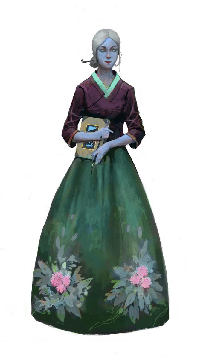 Yi Da Som, a samsaran woman who works out of the Lantern Lodge. She is wearing a beautiful, hanbok and holding a book.