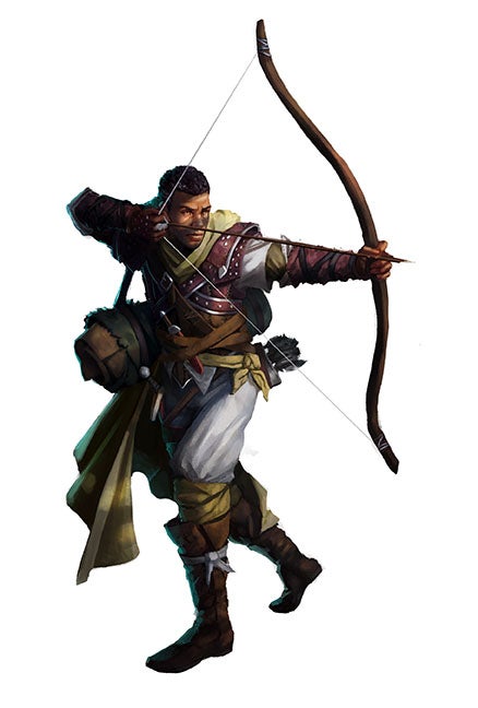 A ranger dressed in red studded leather armor, aims their drawn arrow at something in the distance.