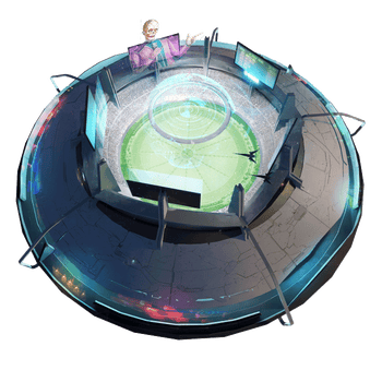 A large dome with a round uncovered playing field surrounded by large screens a a hologram with an announcer in a purple suit floating over the field 