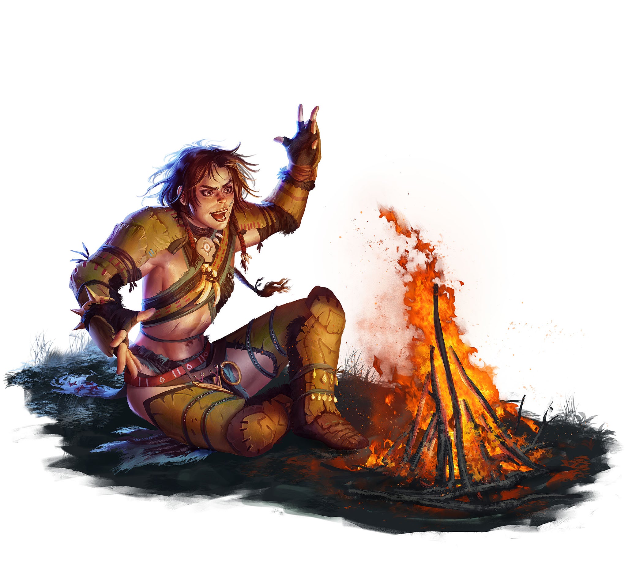  Iconic barbarian, Amiri, sits in the light of a campfire animatedly telling a story.