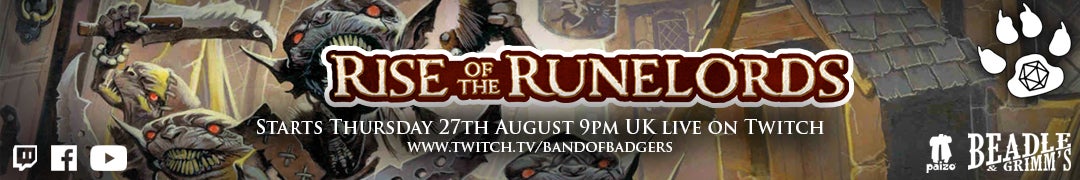 Band of Badgers live stream presents Rise of the Runelords icons over art of Pathfinder goblins pillaging a village