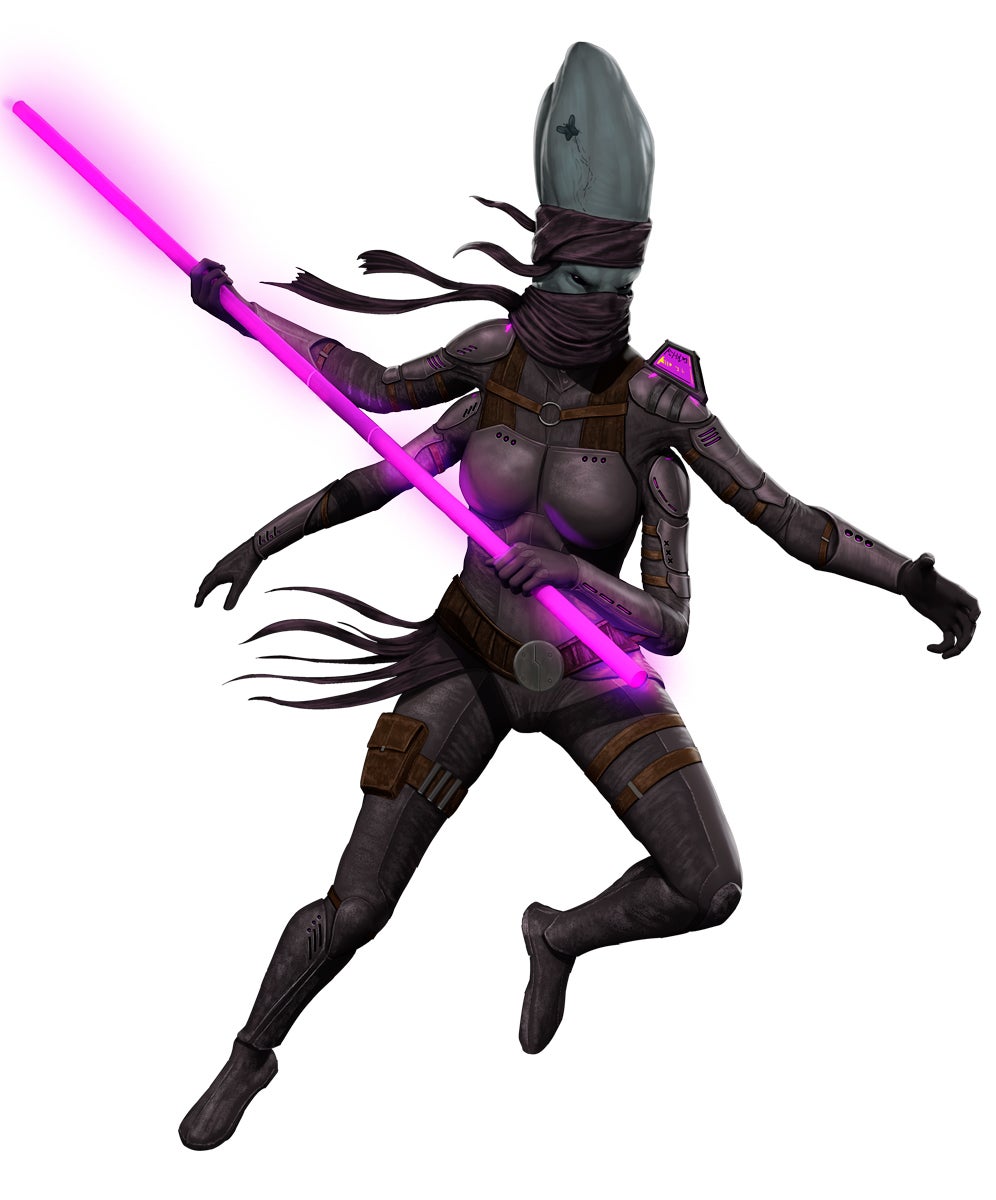 A Kasatha dressed in dark armor, wielding a glowing purple staff