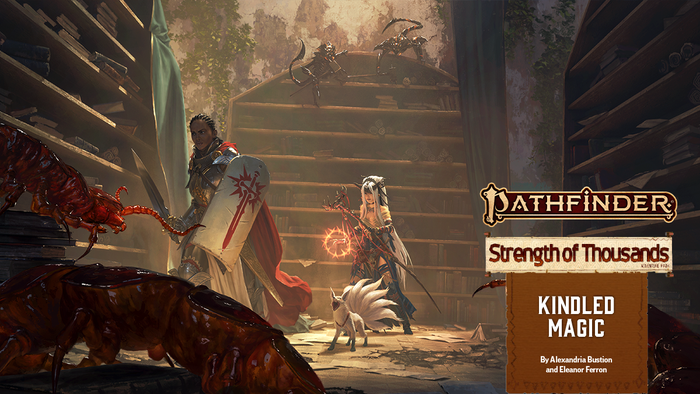 Pathfinder Strength of Thousands Kindled Magic: Iconics Seelah and Feiya walk through the ruins of an old library, coming face to face with large insects