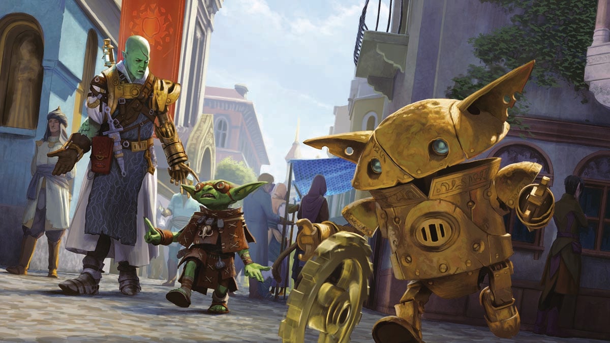 A small mechanical goblin runs through a crowded city street chasing a gear as it rolls along the gutter. The goblin alchemist Fumbus and half-orc inventor Droven are chatting in the background.