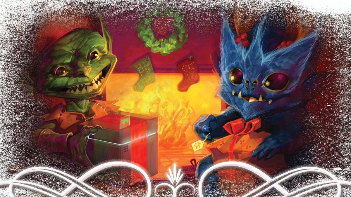 A holiday celebration in front of a fireplace featuring a goblin and a blue skittermander exchanging gifts