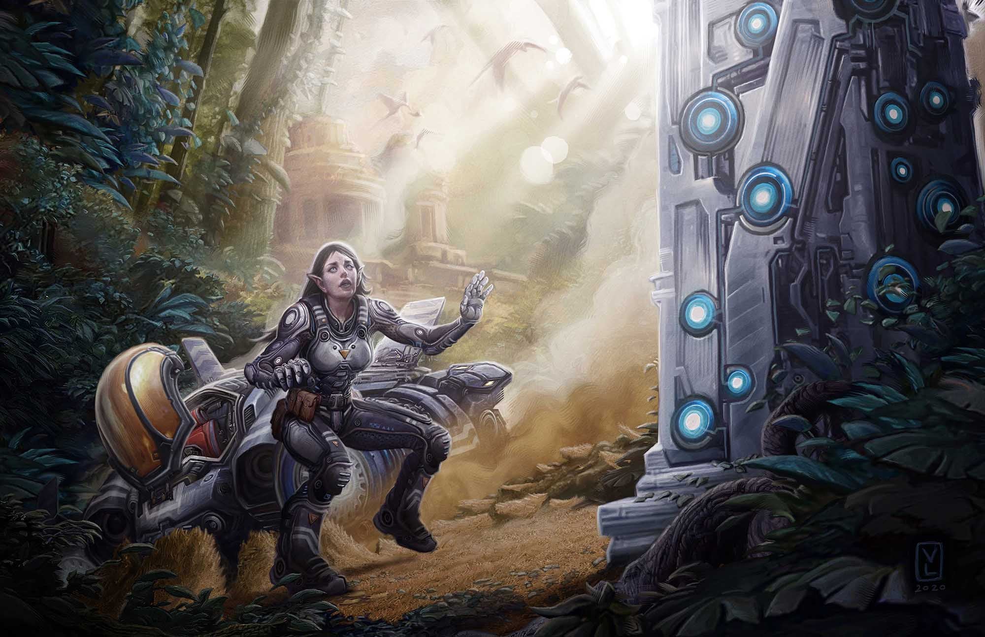 A scared female half-elf in a flight suit stares up at a strange technological construction amidst ancient jungle ruins.