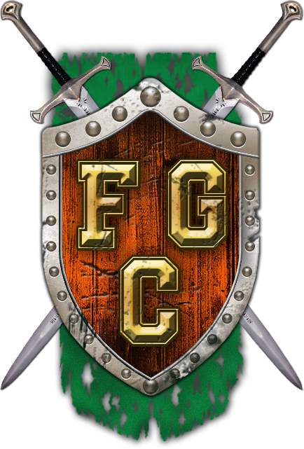 Fantasy Grounds College logo: Gold F G and C lettering on a red battered shield 