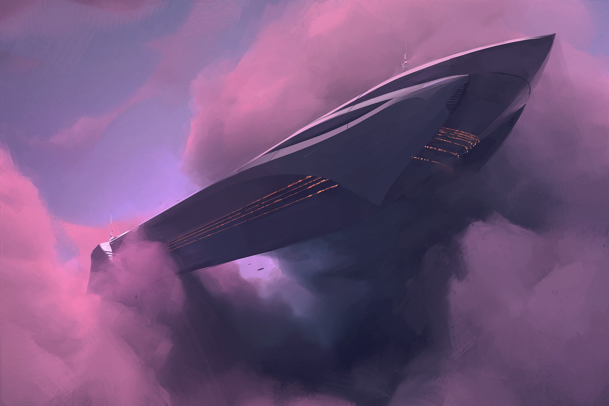 Drift Titantic: a large ship floating amongst the clouds in a lavender lighting 