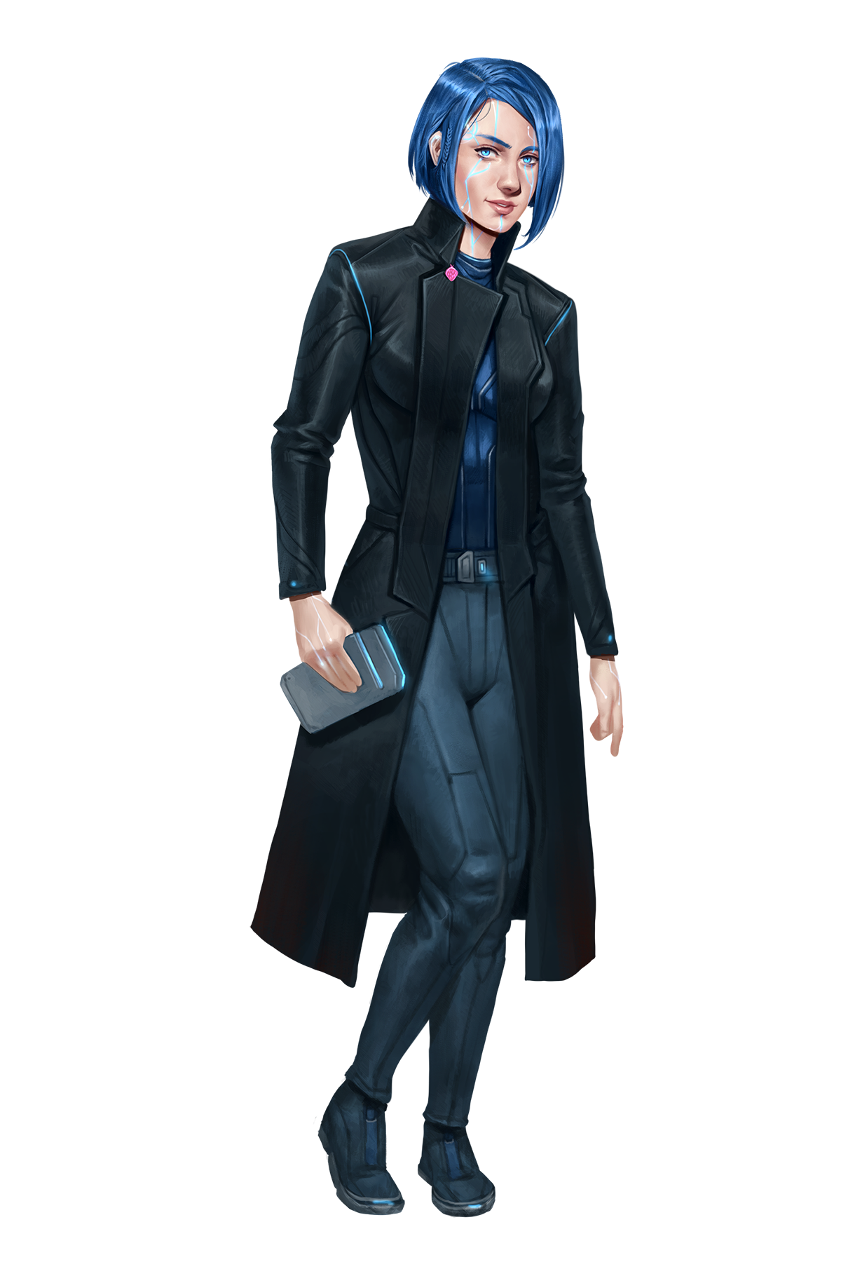 Celita, a blue haired android in a long black jacket holding a datapad
