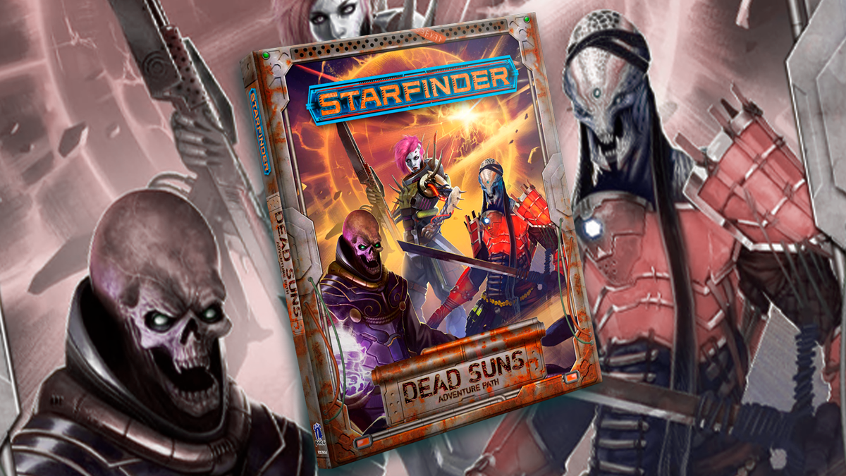 Starfinder Dead Suns Adventure Path: Three beings stand in the foreground with a planet exploding in the background. On the left if a humanoid with skull-like features, glowing green eyes, and a dark blue and gold armor, in the middle is a pale humanoid with spiked armor and bright pink hair, to the right is a humanoid in red armor with blue skin and mandibles protruding from their jaw