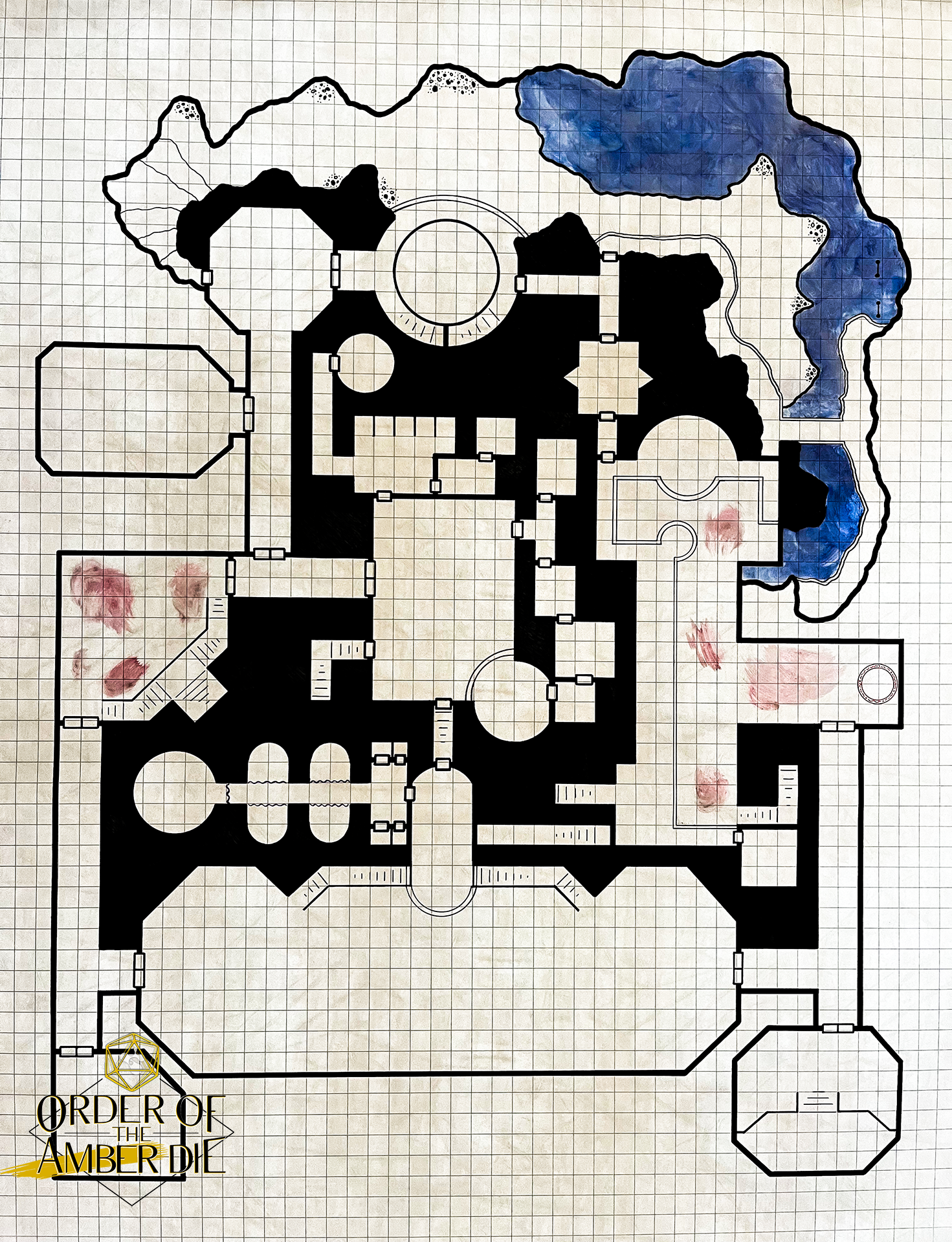 A top down view of a square tiled dungeon map
