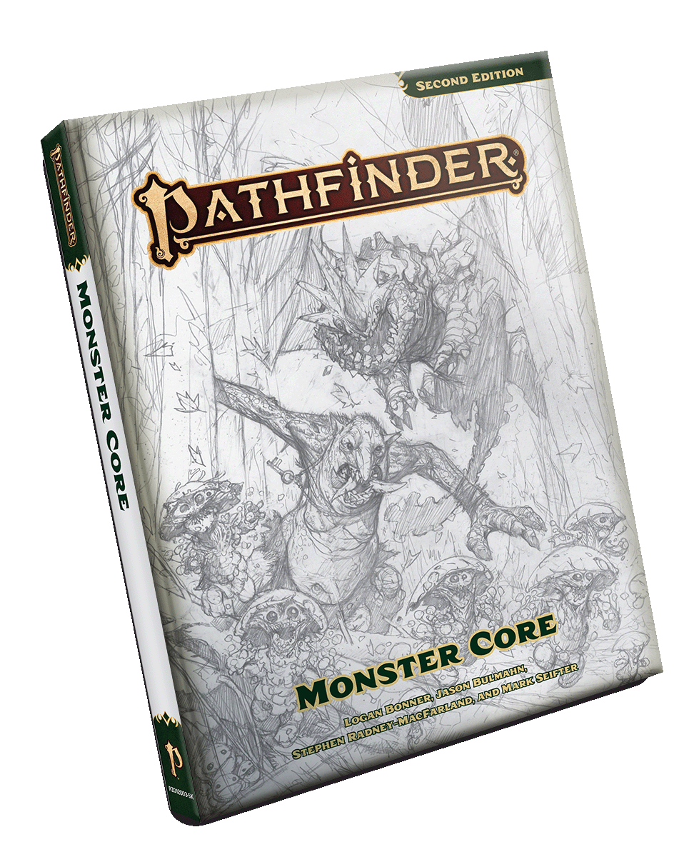 A 3D mock of Pathfinder Monster Core Sketch Edition; A pencil sketch illustration of mushroom leshi running through a forest as they're being chased by a green troll with large tusks, even farther in the background, chasing the troll is a large, spiky dragon.