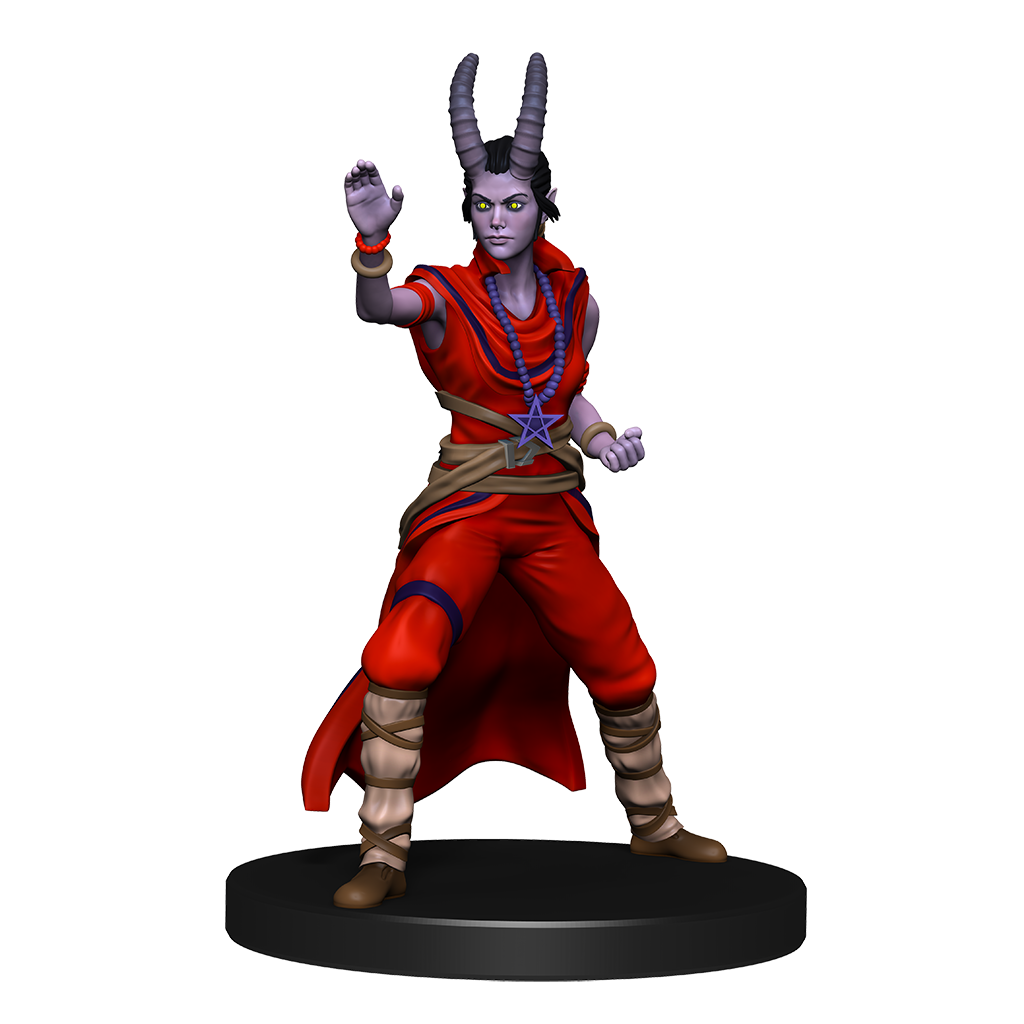 Mini figure of a purple tiefling monk with tall horns and red robes