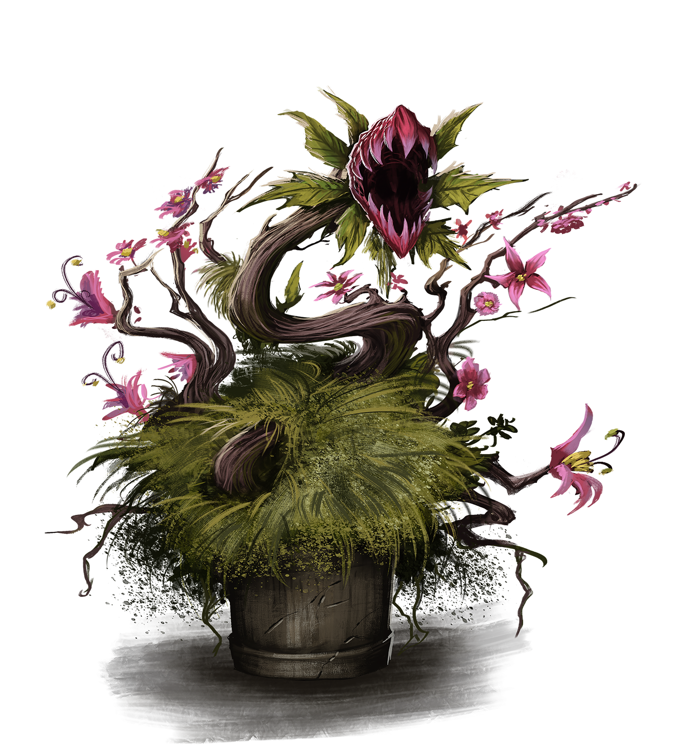 A vicious carnivorous flower snarls at the viewer, not lunging only because it’s stuck in a pot.