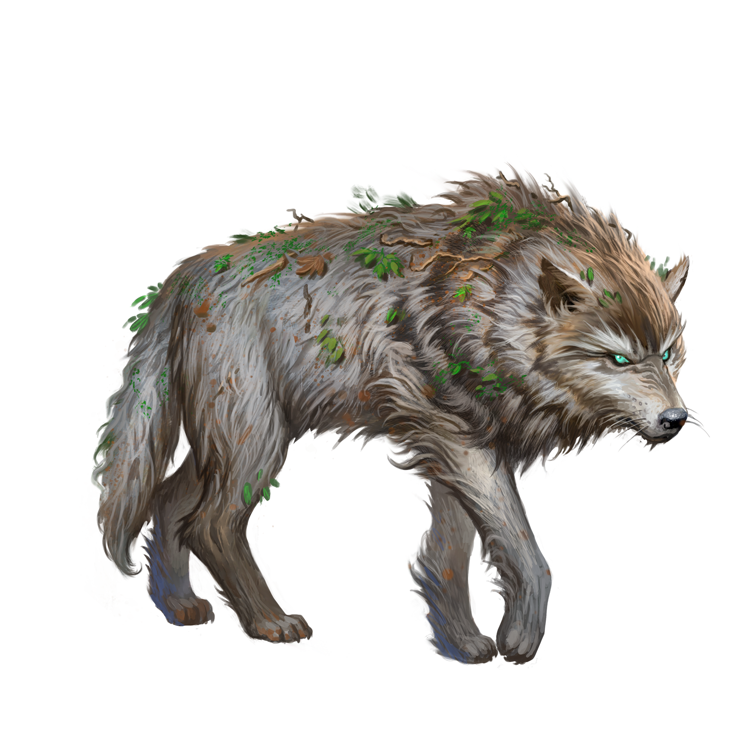 This image is of a full-sized wolf. It’s large enough for Fairel to ride. Its coat is mostly gray, but it has some brown/red highlights. It too looks like it has rolled around in the underbrush a bit, as it has leaves and twigs caught in its fur. On its neck, it also has a mystical symbol, like three comets trailing each other. The wolf has a fierce expression, but it isn’t actively snarling. Color palette focus here is on greens and warm browns.