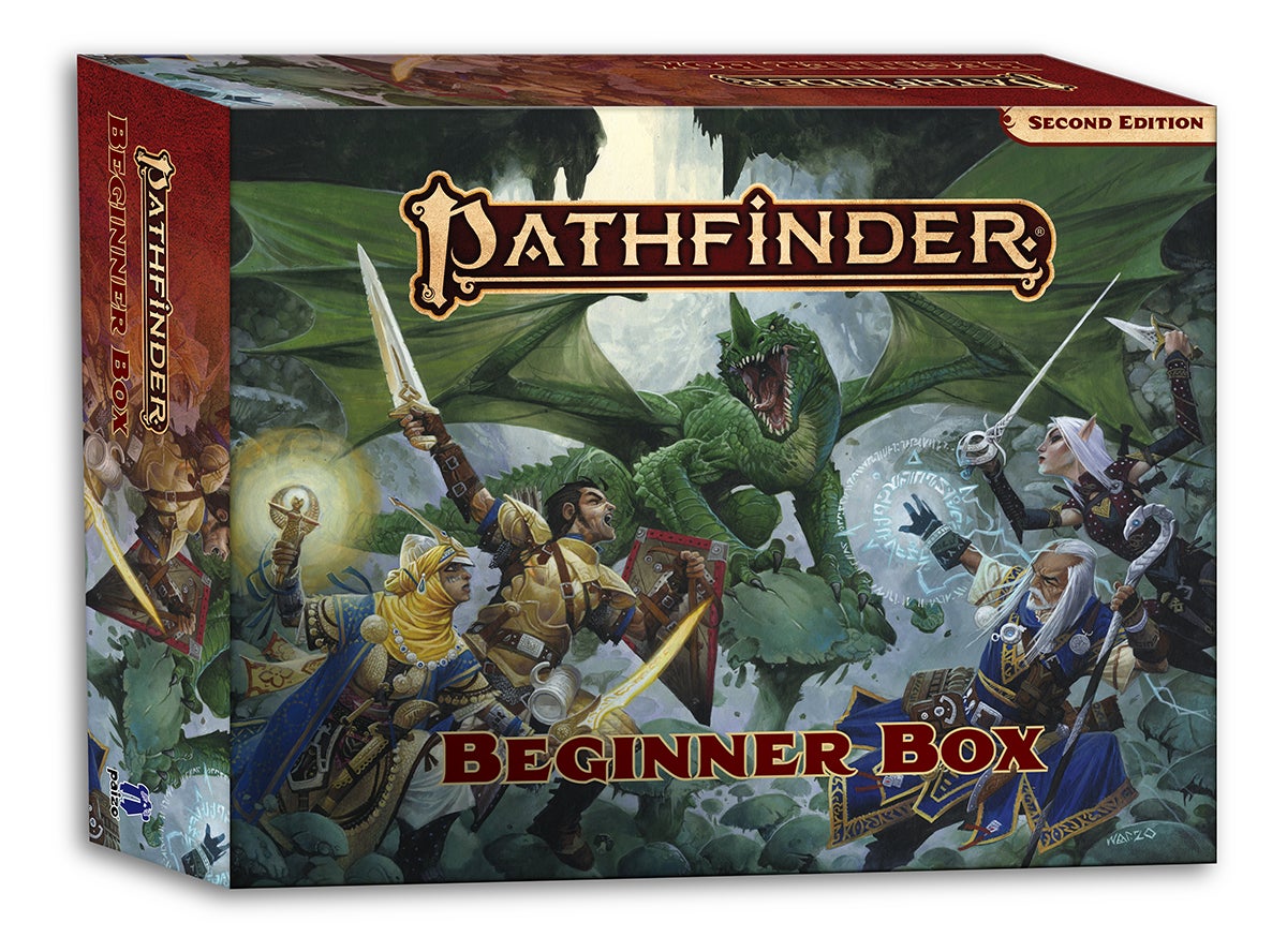 Pathfinder Beginner Box 3D mockup on a textured red background, Pathfinder Iconics battle a green dragon on the cover of the box
