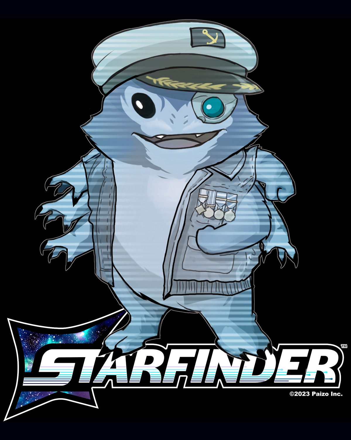 Starfinder Skittermander Captain Concierge standing over the starfinder second edition logo