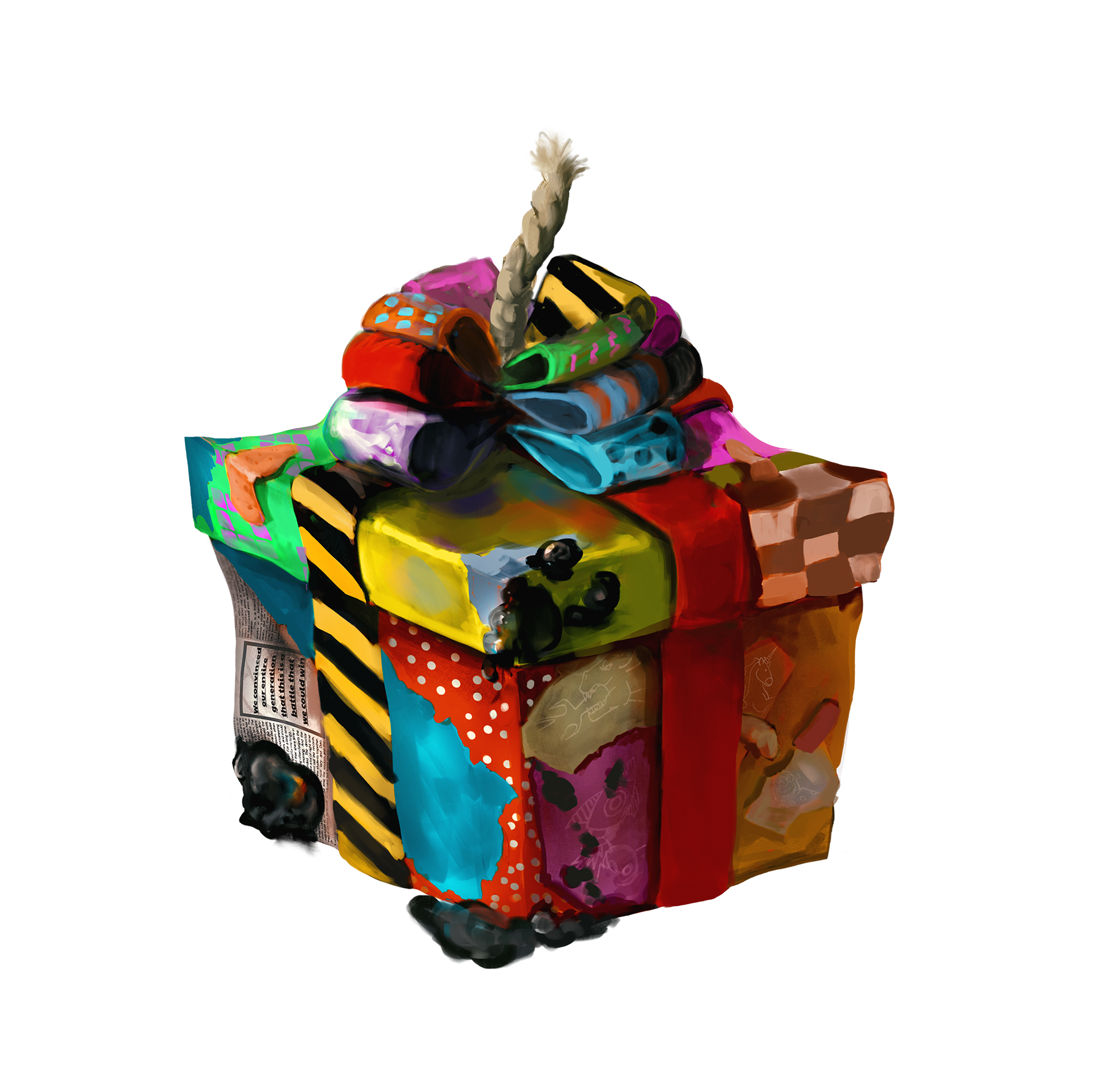 A huge gift box wrapped in a mish-mash of recycled paper, including crumpled news clippings, greasy food wrappers, mundane paperwork, and colorful gift wrap. The gift is topped by a giant, filthy, bow