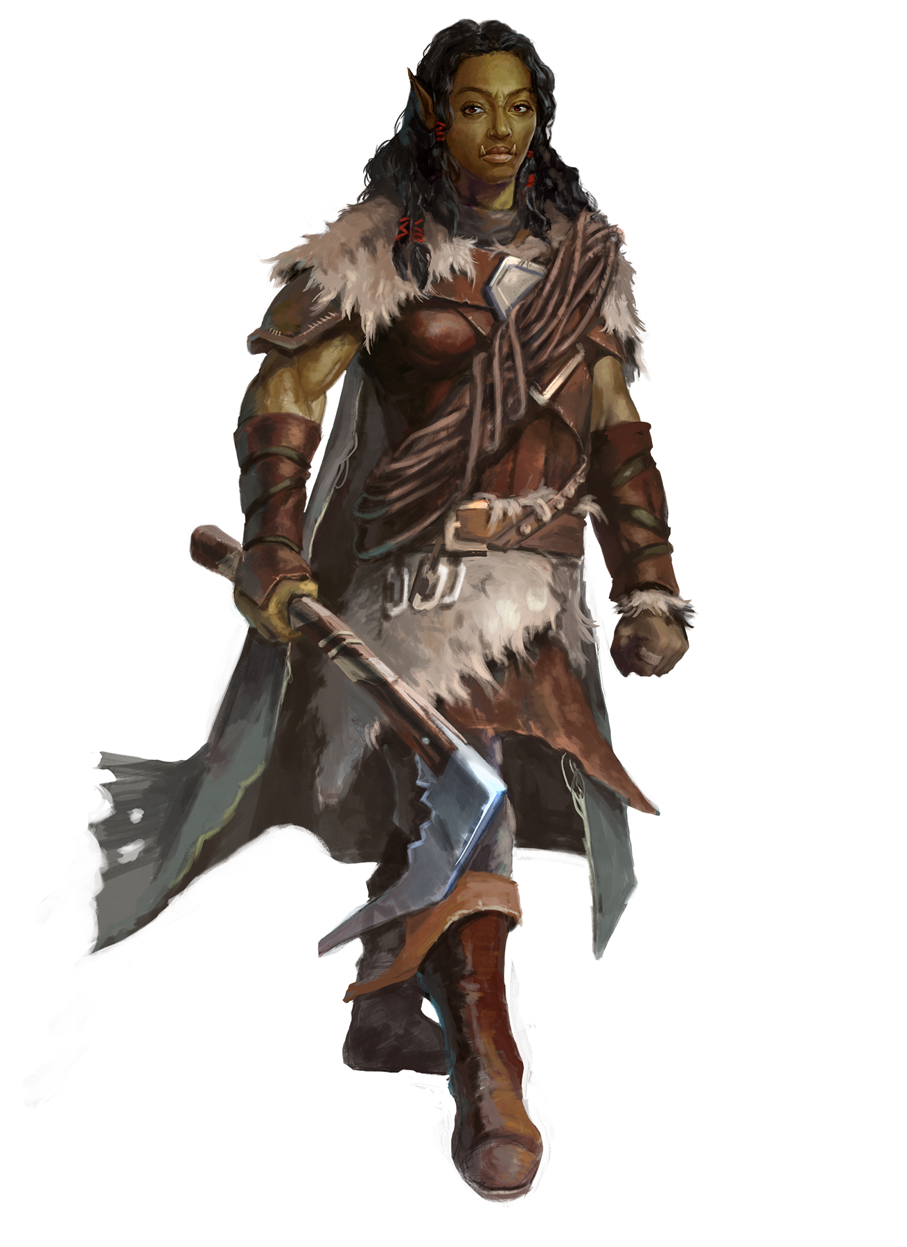Dromaar Mountaineer dressed in furs and leather, holding an axe in her hand