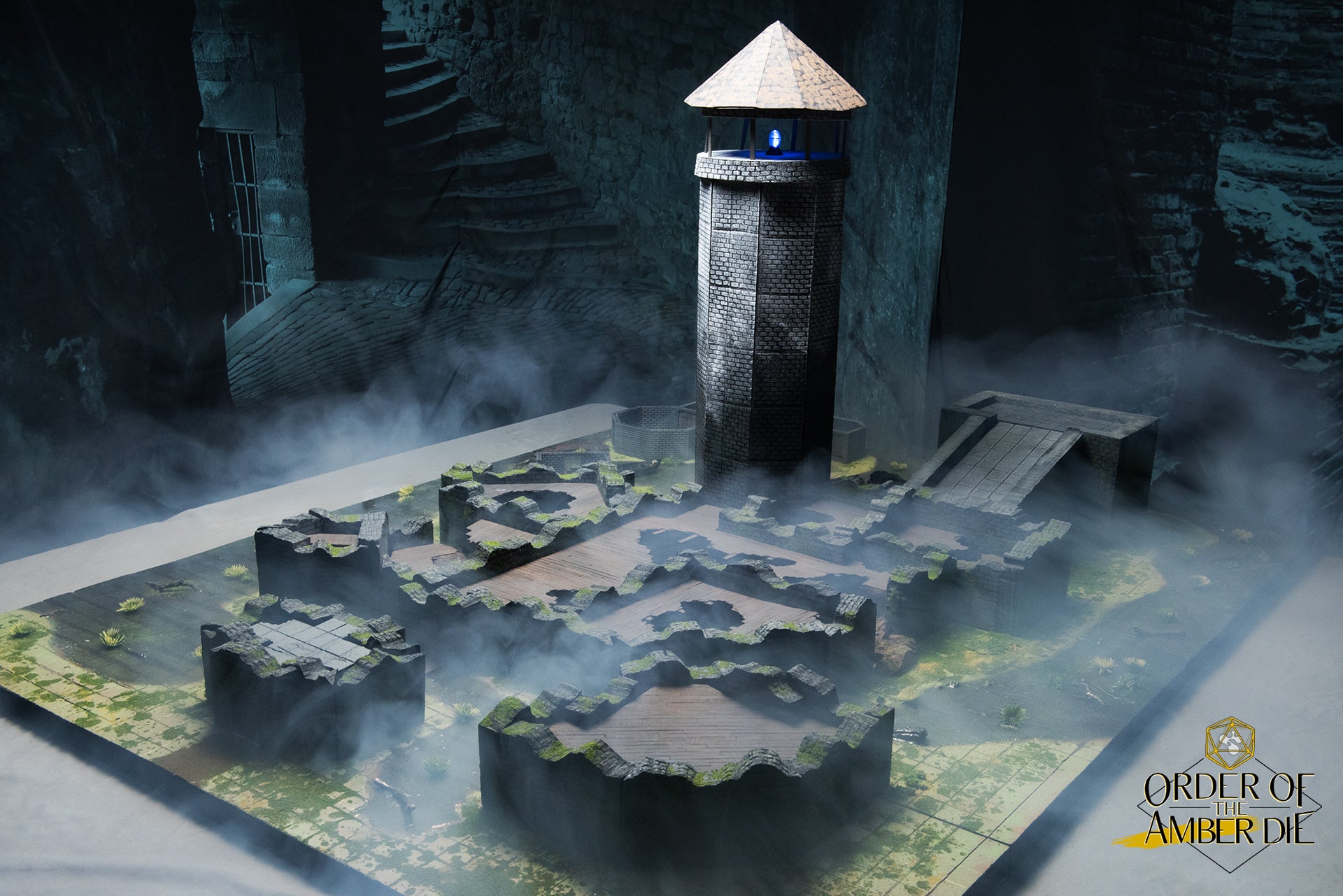 Gauntlight tower and surrounding landscape on a foggy table