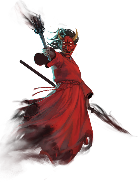 Illustration by Mylene Bertrand: A red ghost with a spear in one hand, a torch in the other, with demon-like face with four eyes and horns