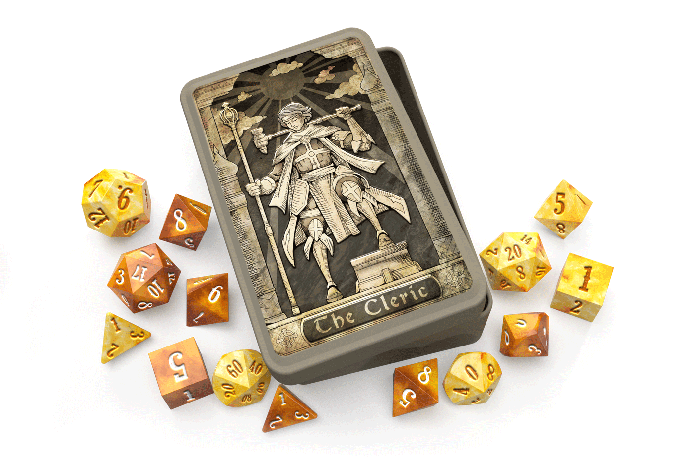 Beadle and Grimm's Cleric Dice Tin. An armored cleric stands on top of a chest with a hammer over their shoulder and a staff in their other hand. The tin is surrounded by orange and yellow dice