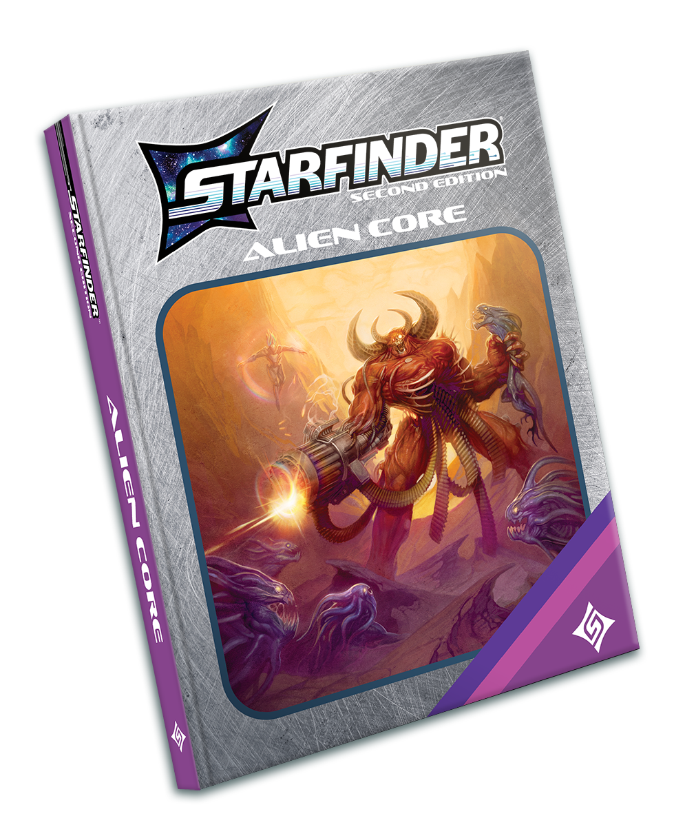 Starfinder Second Edition Alien Core retailer exclusive edition: the cover is styled to look like a vintage video game box with a silver, purple, and blue outline around the art. The art features a large, red skinned, demon firing a large gun that's been implanted in their arm while gripping a smaller alien in their other hand.
