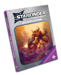 Starfinder Second Edition Alien Core retailer exclusive edition: the cover is styled to look like a vintage video game box with a silver, purple, and blue outline around the art. The art features a large, red skinned, demon firing a large gun that's been implanted in their arm while gripping a smaller alien in their other hand.