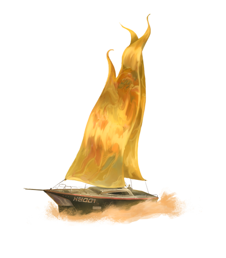 Lightsail Yacht, artist Tom Ventre : A racing yacht sails across a sea of sand, it’s golden solar sails billowing in the wind