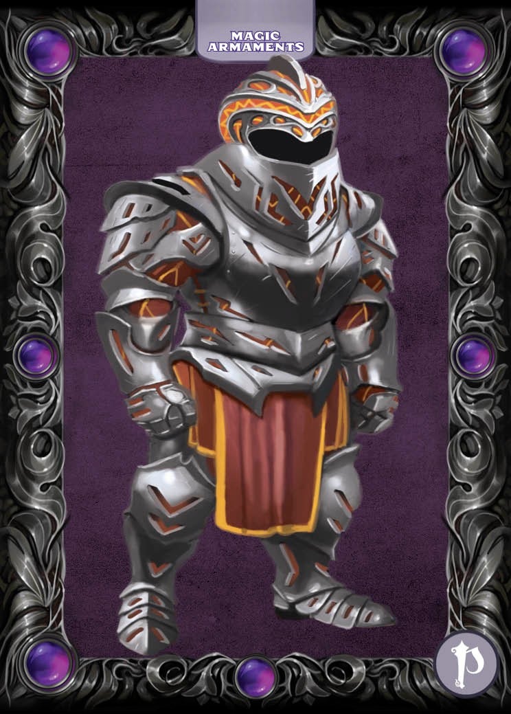 Magic Armaments Deck Adamantine Armor card art featuring a silver empty suit of armor with red and gold detailing