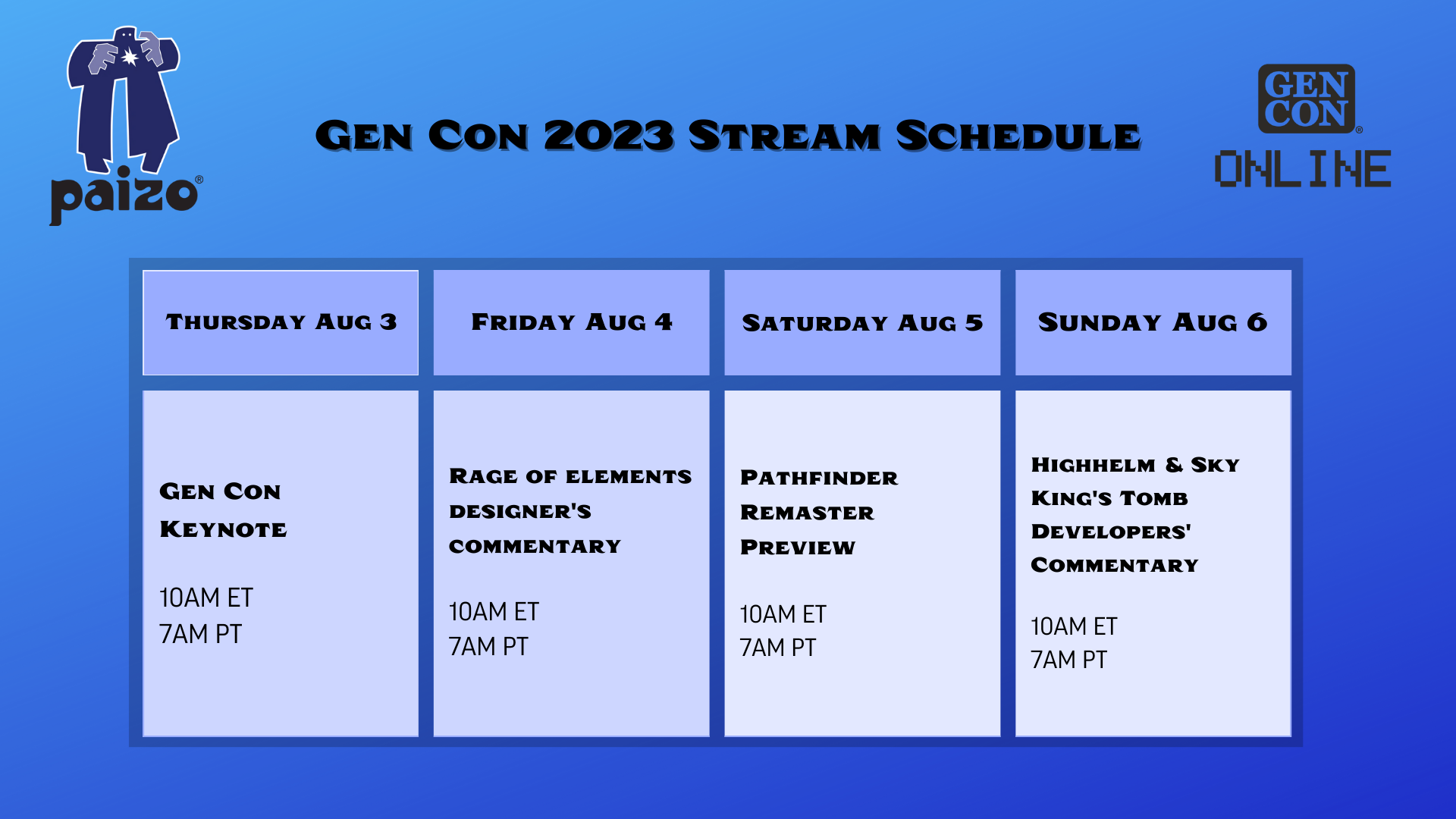 A graphic showing our panels scheduled for Gen Con