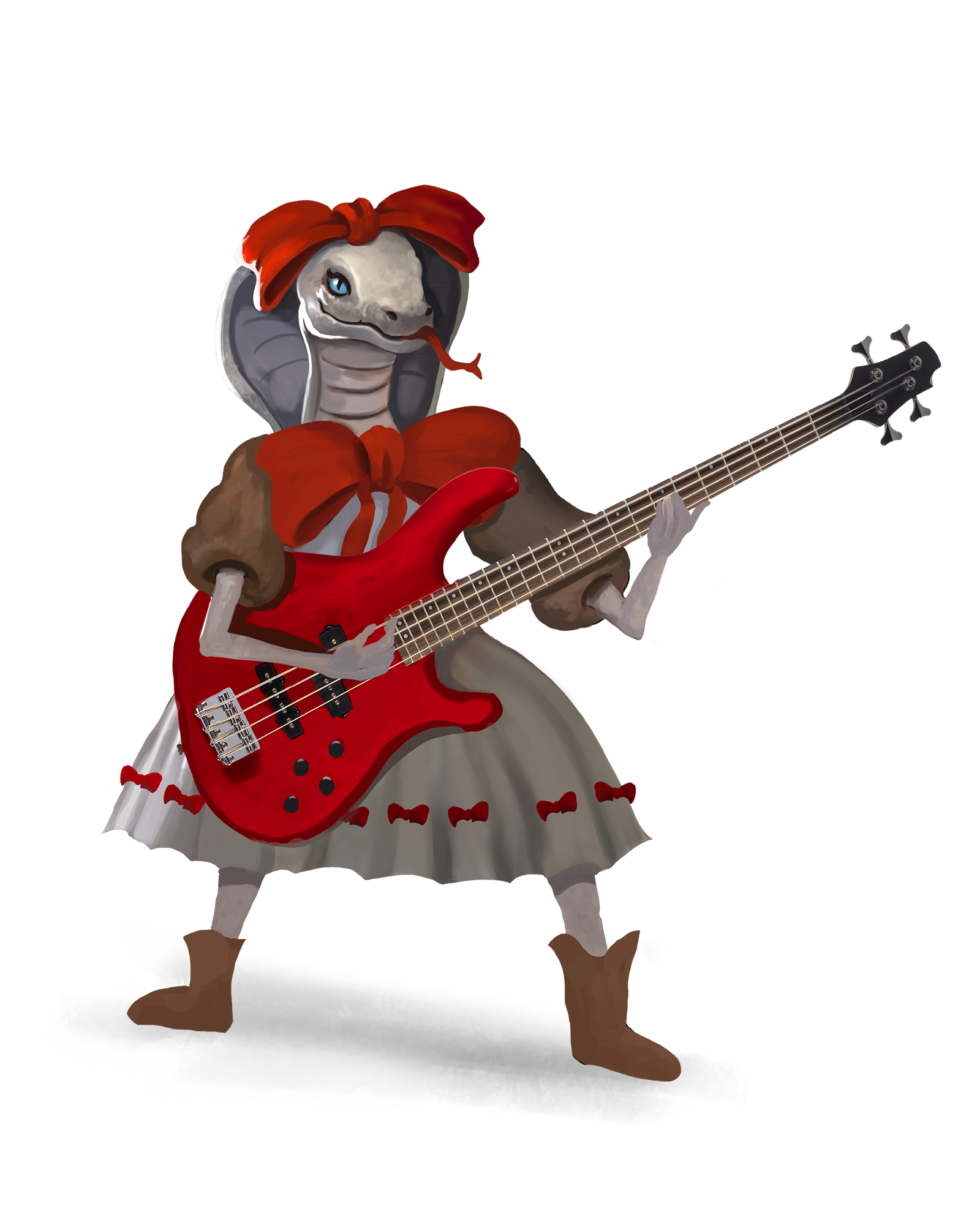 Tsuchi-ko, a snake-headed woman, plays her bass guitar with her tongue sticking out. She’s wearing a frilly dress and a big bow atop her head.