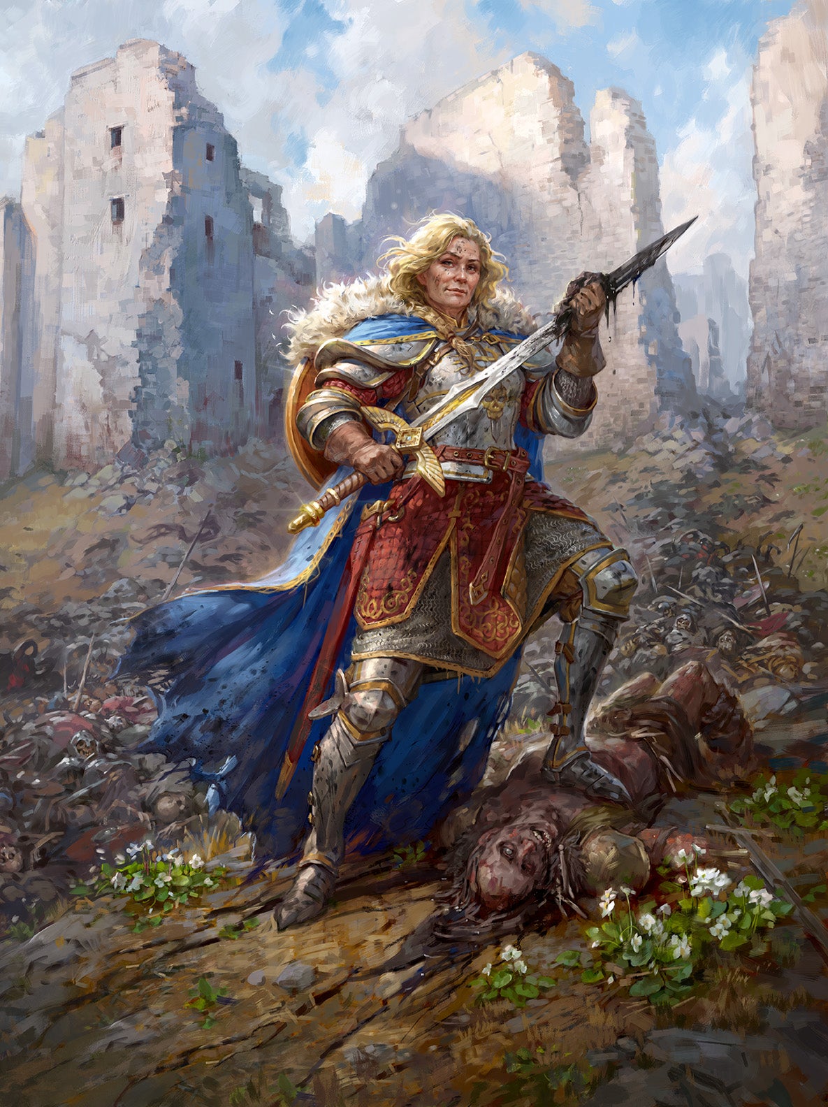 A blonde, armored, knight standing above a slain foe, cleaning their sword