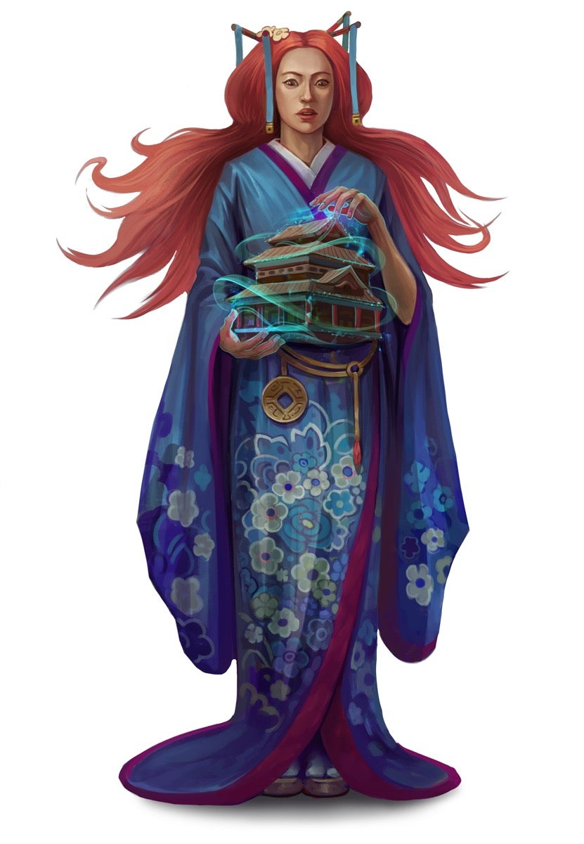 Tall human female with long flowing red hair wearing a kimono, their left hand casting a spell on the miniature building held in their right hand.
