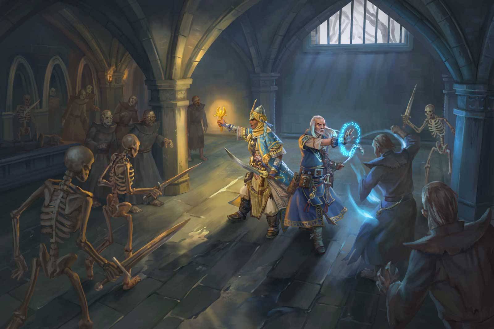 Pathfinder Iconics, Kyra the cleric and Ezren the wizard battle a hoard of undead and skeletons in a dungeon lit by torches and a high window