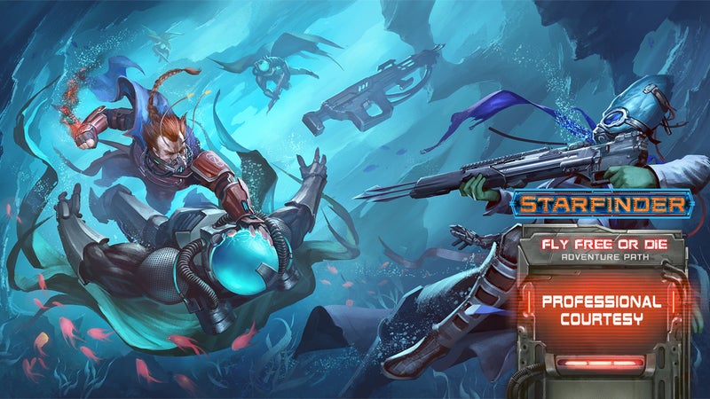 Starfinder Iconic Vanguard Velloro, and Iconic Biohacker Barsala battle suited enemies under water