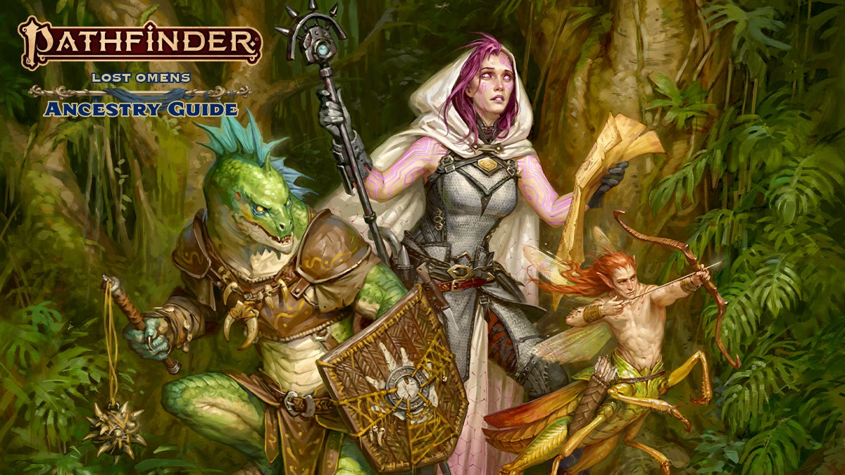 Pathfinder Lost Omens Ancestry Guide illustration featuring a lizard-like ancestry, a pink haired android, and a grasshopper-like sprite