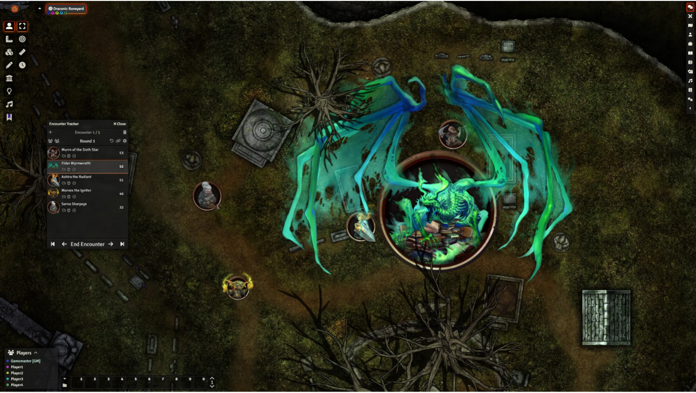Pathfinder Foundry Token pack screenshot featuring three hero tokens and a large, ghostly, undead, dragon-like monster
