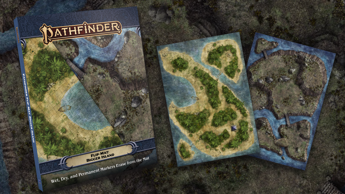 Pathfinder Flip Mat Bigger Island: Top down view of large square tiled island maps
