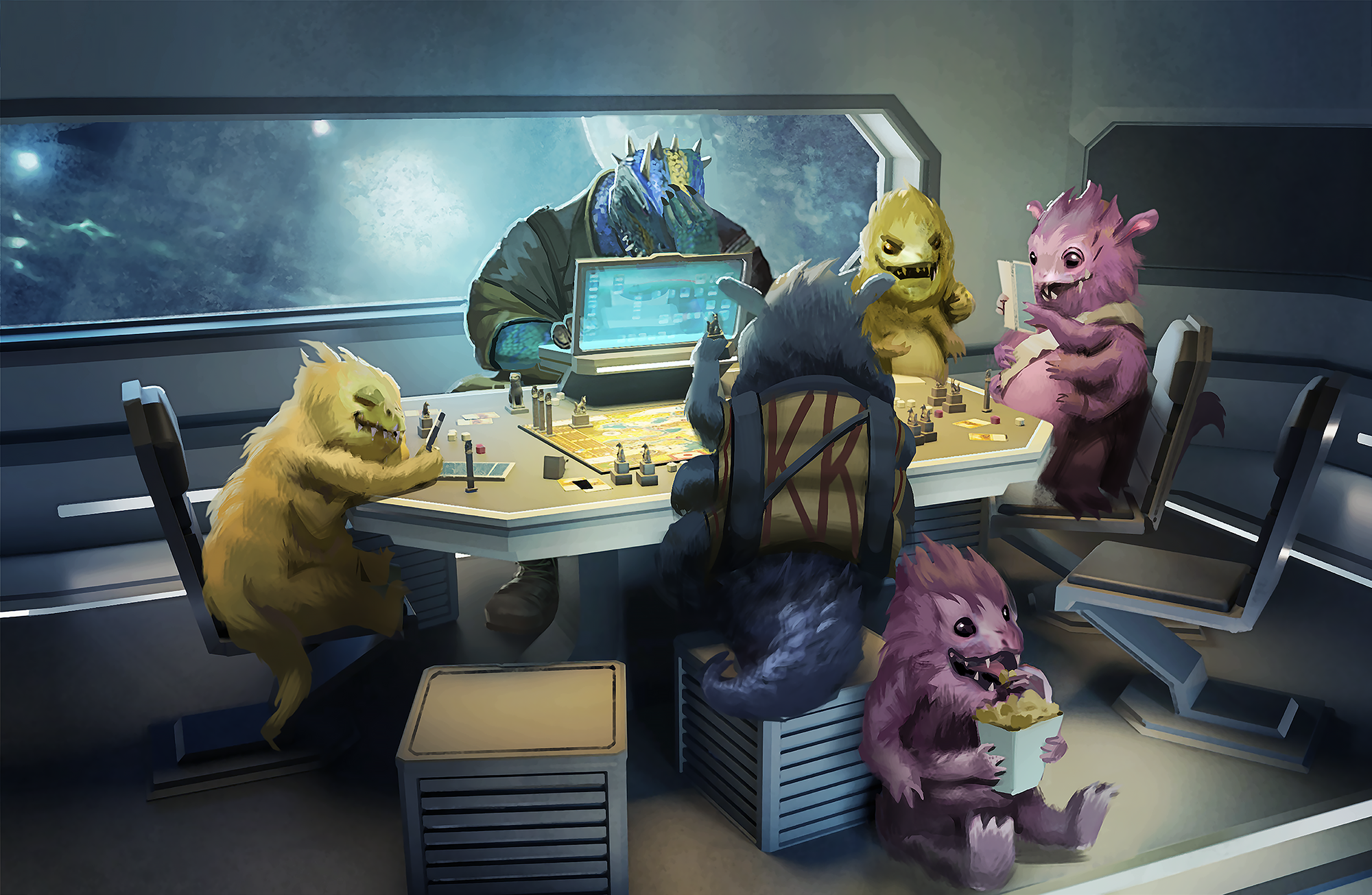 Five skittermander sitting around a table playing a table top game with an exasperated Vesk as game master