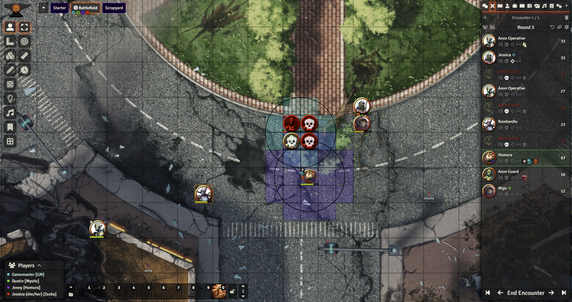 Top down view of virtual tabletop online map featuring a close up on damaged city square