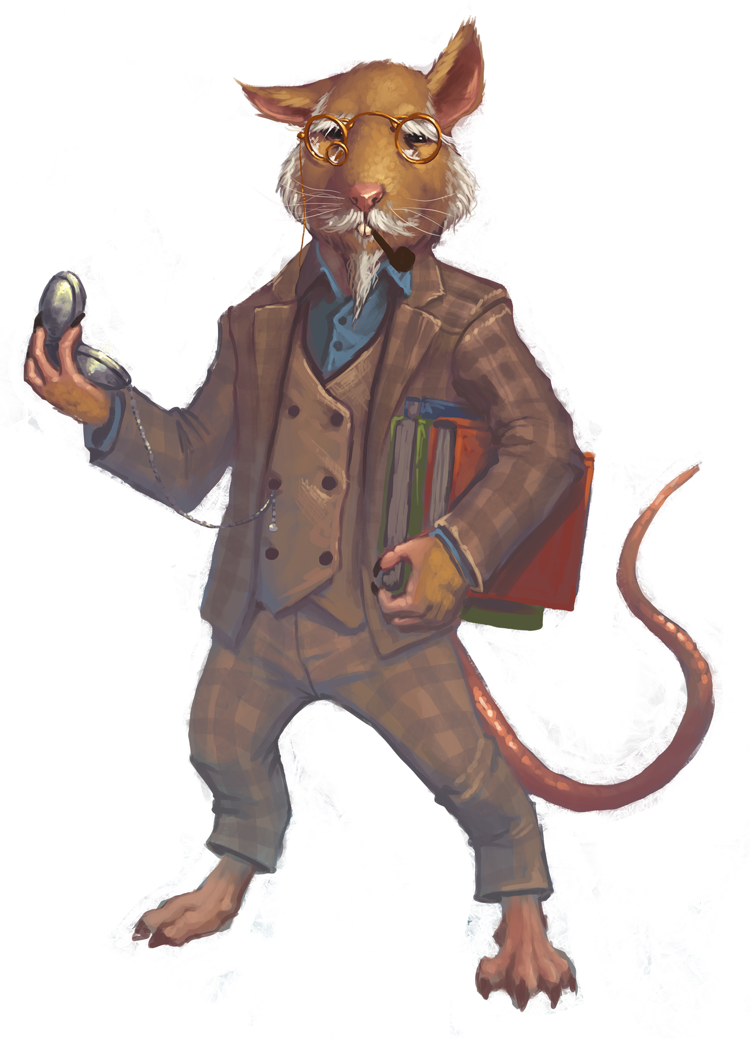 Artist Bruno Cesar: The ysoki Starfinder Royo stands dressed in an old-fashioned tweed suit, clutching old books under one arm and examining a pocket watch.