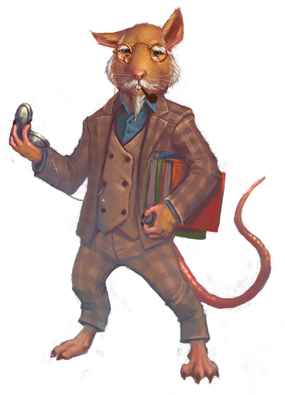 Artist Bruno Cesar: The ysoki Starfinder Royo stands dressed in an old-fashioned tweed suit, clutching old books under one arm and examining a pocket watch.