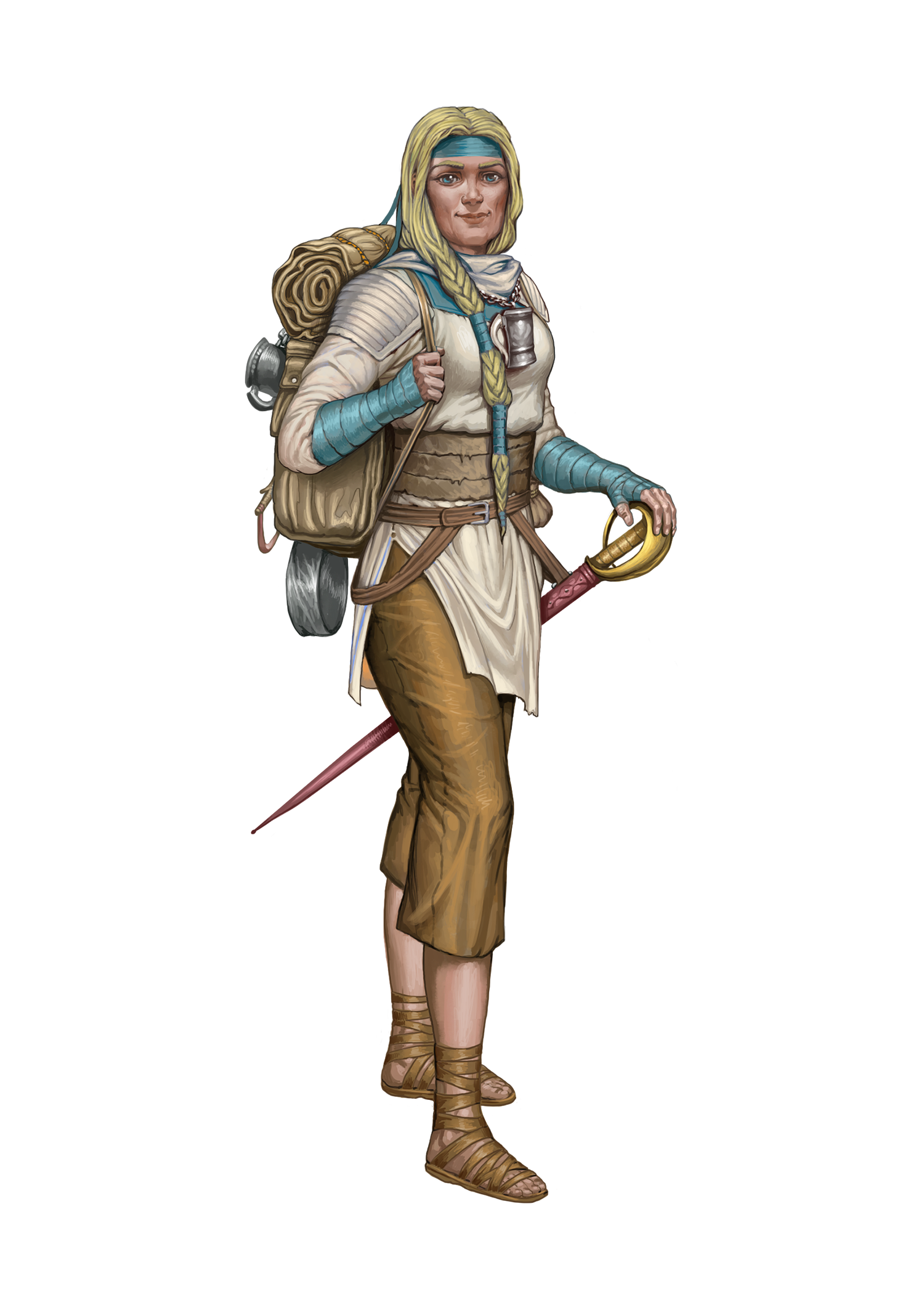 Full body art of Ordwi, a human cleric with long blond hair wearing traveling clothes.