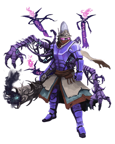 artist Max Roche: a kasatha solarian stands tall, surrounded by ominous looking energy, with glowing red eyes, purple armor, monstrous appendages, and wielding a shadow cannon