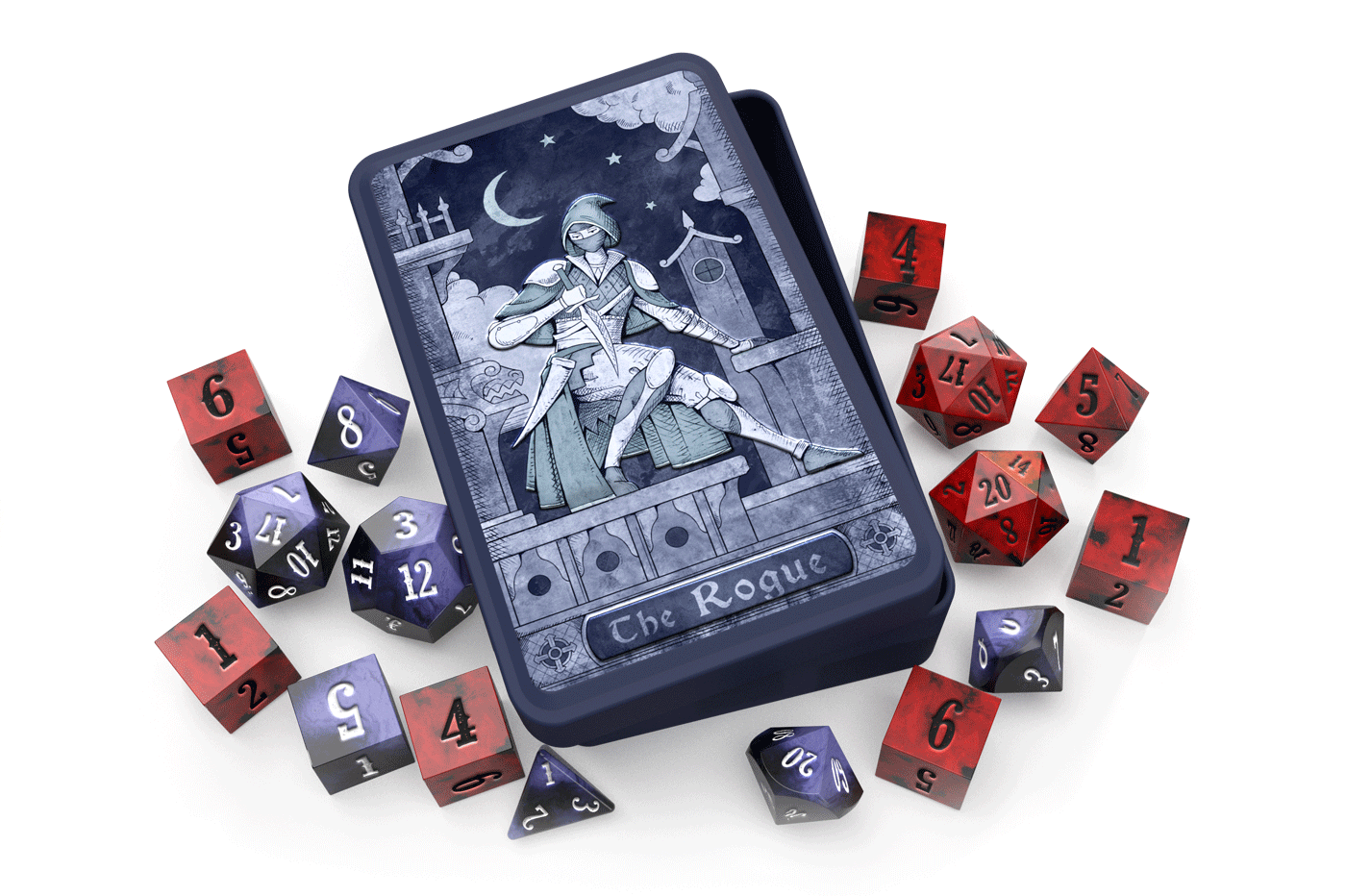 Beadle and Grimm's Rogue Dice Tin. A dice tin inspired by the rogue class with an illustration of a hooded rogue on a rooftop wielding a dagger. The tin is surrounded by red and purple dice.
